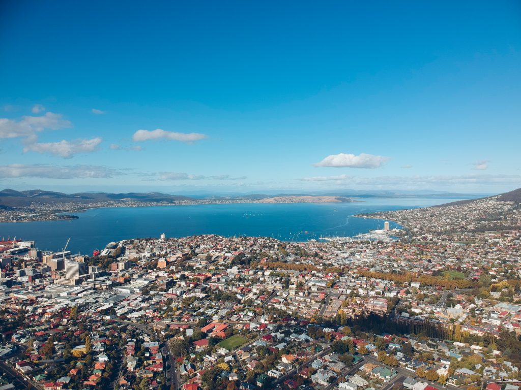 Aerial view of the city and all the things to do in Hobart by the water