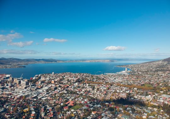 Aerial view of the city and all the things to do in Hobart by the water