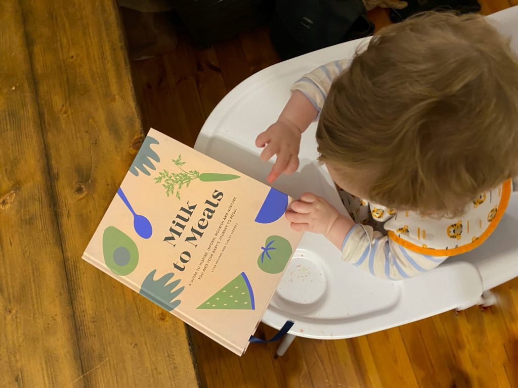 Picture of a baby in a highchair holding the Milk to Meals book written by Boob to Food founder.