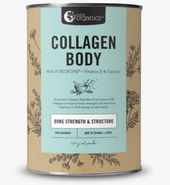 Picture of a can of Nutra Organics collagen powder, the green and brown packaging shows a picture of a bowl and flowers