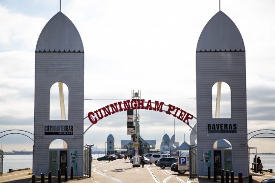 Picture of Cunningham Pier in Geelong, framing the Eastern Beach waterftont