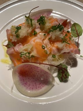 Picture of a King Salmon starter from Yakikami South Yarra, with the 'melt in your mouth' salmon accompanied by vegetables 