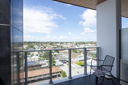 Picture of the balcony view from R Hotel Geelong, looking over Geelong's CBD