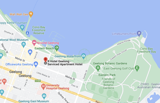 Map of R Hotel Geelong, showing its proximity to the water's edge