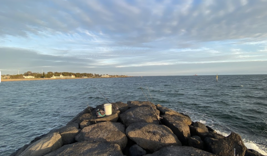 Picture of a fishing spot in Williamstown Beach, with a fishing rod and a coffee mug sitting on the rocks that overlook the beach