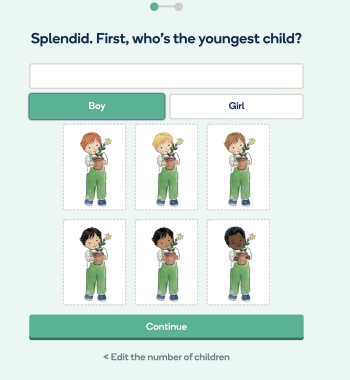 Picture of a customisation online form where Wonderbly books customers can select either 'boy' the skin tone that best reflects them