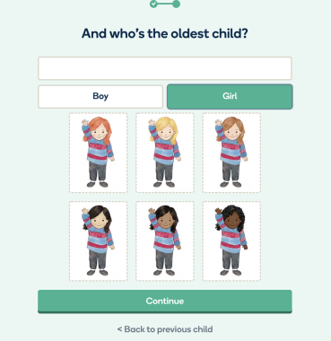 Picture of a customisation online form where Wonderbly books customers can select either 'boy' or 'girl' in the skin tone that best reflects them