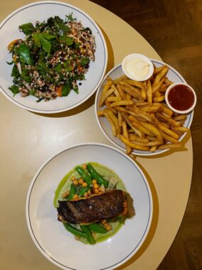 Picture of three dishes from Railway Hotel Brunswick, including the salmon, slad and bowl of fries