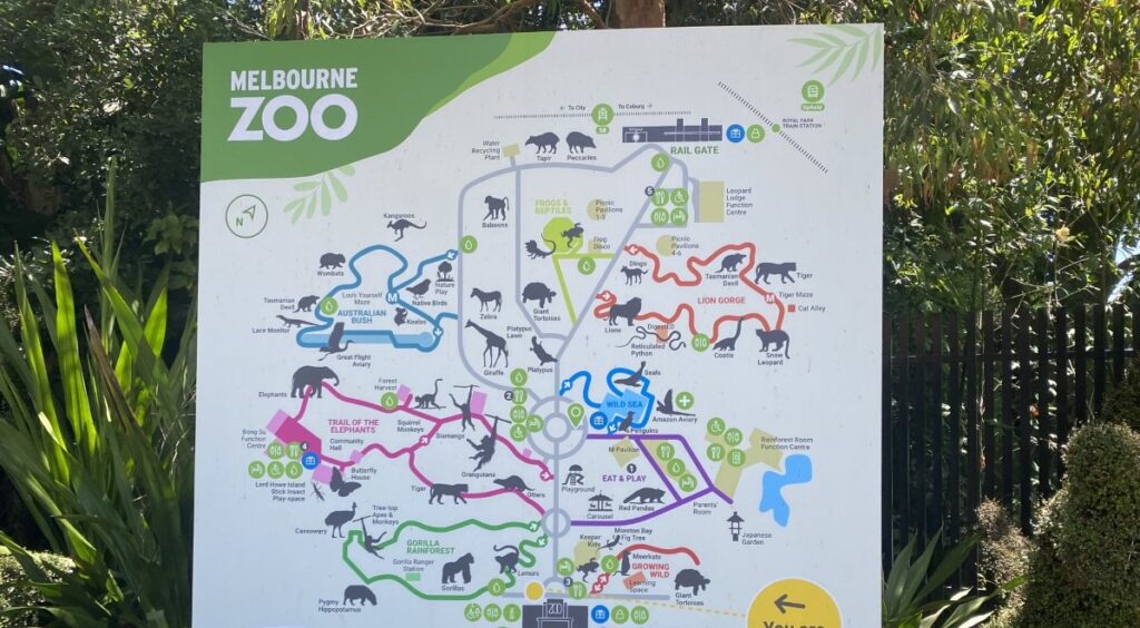 Picture of a Melbourne Zoo sign which shows all animal enclosures with facilities