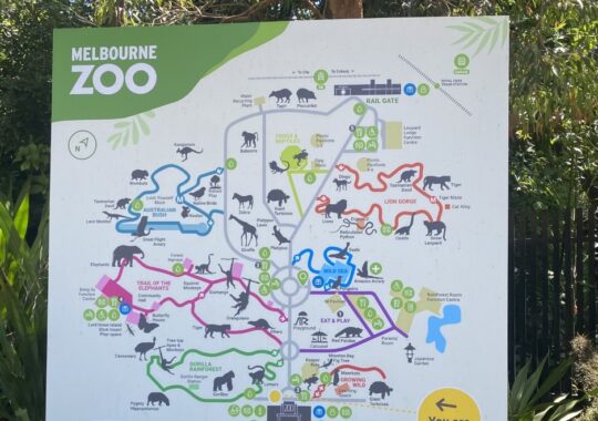 Picture of a Melbourne Zoo sign which shows all animal enclosures with facilities