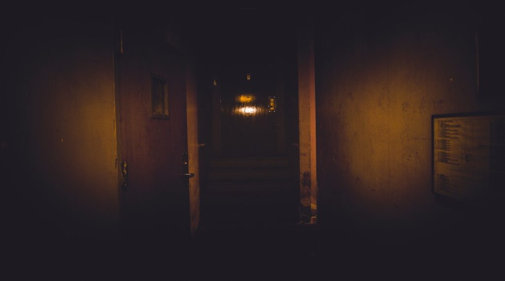 Picture of a door that is located in one of the most haunted places in Melbourne. The photo shows a brown door in a dimly-lit room