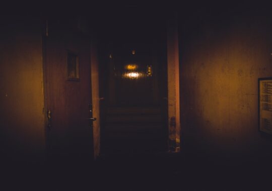 Picture of a door that is located in one of the most haunted places in Melbourne. The photo shows a brown door in a dimly-lit room