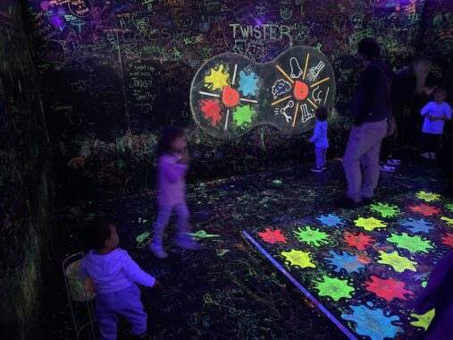 Chaos Lab Melbourne pictures show the dark room with neon graffiti on the walls and children can paint and draw