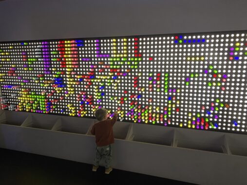 Chaos Lab Melbourne pictures show the light area where children can make pictures with the plastic coloured pieces that slot in the circles