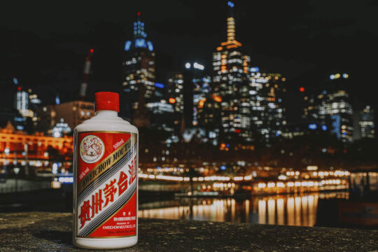 Kweichow Moutai 500ml bottle in-front of Melbourne skyline