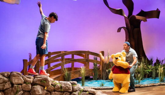 Winnie the Pooh and Christopher Robin are walking on stones with a bridge in the background