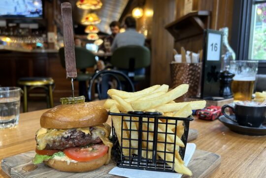 Burger and fries on the Micawber Tavern menu