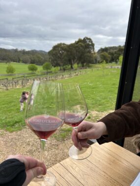 Drinking red wine at Boat O'Cragio winery and restaurant in Yarra Ranges