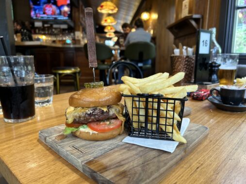 Burger and chips for lunch at Micawber Tavern