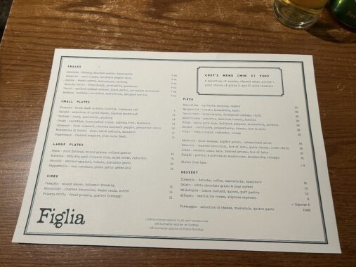 Picture of the Figlia menu in Brunswick East